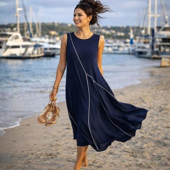 KAREN KANE Navy Midi Dress L | Sleeveless A-Line Stretch Knit - NWT - Picture 8 of 10